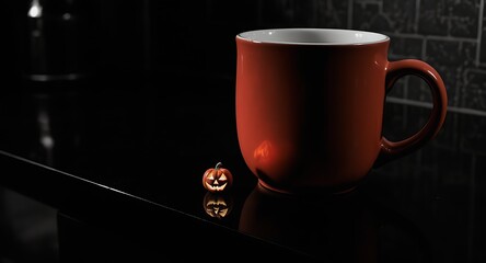 Cozy Halloween Morning Red Mug and Pumpkin Decoration on a Black Surface