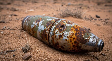 Rusty ordnance on sandy ground