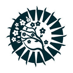 Vernal Equinox Cherry Blossom Sun Icon Vernal Equinox Shunbun no Hi Stylised sun half merged with a cherry blossom branch in balanced asymmetry