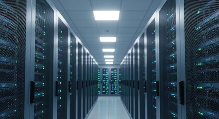 Server room, rows of dark gray server cabinets, lit by cool LED lights