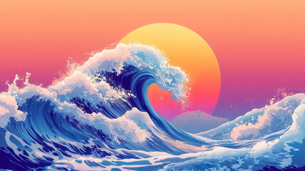 Big sea wave, sun, sunset background. Sea waves horizontal poster. Digital artwork raster bitmap illustration. AI artwork.	