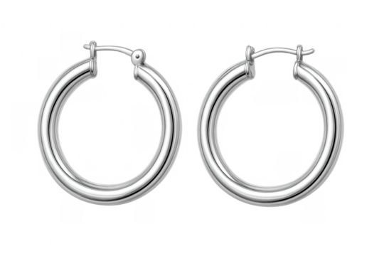 Silver hoop earrings pair on transparent background