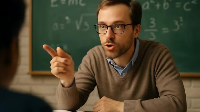 Explaining Math: Teacher Guiding Student with Equations on Blackboard