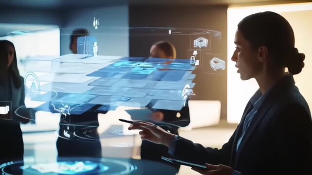 Innovative business strategy planning with a futuristic holographic user interface projecting data over a meeting table