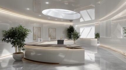 Elegant Modern Reception Area: The minimalist aesthetics of this modern reception area set the stage for a welcoming and sophisticated environment, featuring sleek lines, subtle lighting.