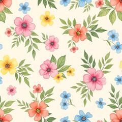 Obraz premium Watercolor floral and leaf pattern of hand-painted wildflowers and sprawling leaves,created for wallpaper and fabric, illuminated with diffused