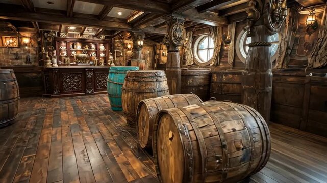 Intricate pirate ship interior with wooden barrels and nautical decor.