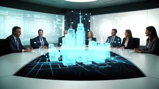 Innovative business strategy planning with a futuristic holographic user interface projecting data over a meeting table