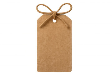 Blank brown kraft paper tag with string bow, hanging retail product label for message or price on transparent background