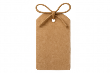 Blank brown kraft paper tag with string bow, hanging retail product label for message or price on transparent background