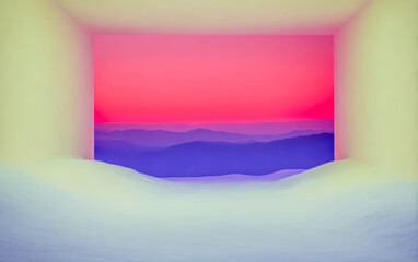 Colorful sunset view through an architectural window overlooking distant mountains during twilight