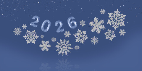 Blue numbers 2026 on blue background with a silver snowflakes and falling snow. Postcard for New Year and Christmas