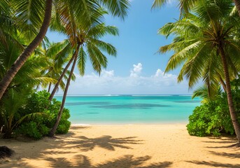A stunning tropical beach scene with lush palm trees framing a view of clear turquoise ocean water and a pristine sandy shore under a bright blue sky.