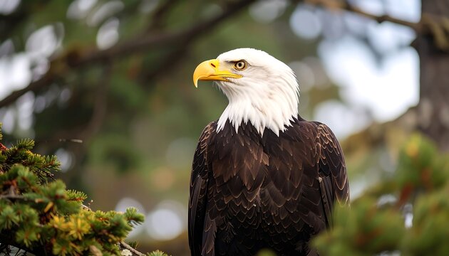 Majestic bald eagle perched on a tree branch, gazing intently to its right, blurred green foliage background