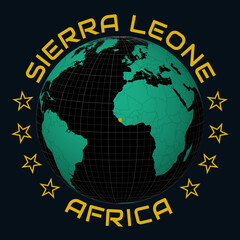 Obraz premium Sierra Leone on Globe. Round country and continent name text. Country view on world map in Black Emerald color palette. Sierra Leone shape on map. Classic vector illustration.
