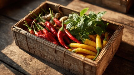 Fresh Chili Peppers and Green Basil in Rustic Wooden Box