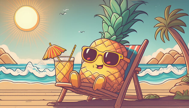 pineapple fruit anime character enjoying summer