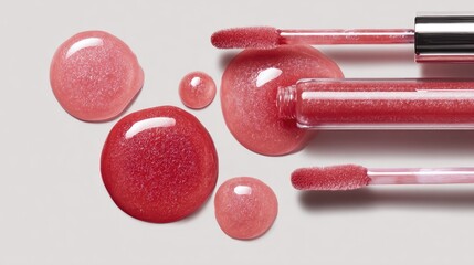 Clean flat lay showcasing lip gloss applicators with bold pink drops, glossy thick textures and reflective sheen for luxury branding