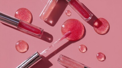 Clean flat lay showcasing lip gloss applicators with bold pink drops, glossy thick textures and reflective sheen for luxury branding