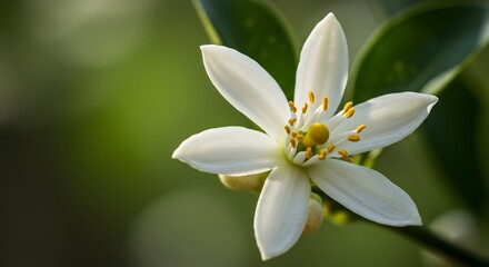Fototapeta premium Delicate White Orange Blossom Macro on a Green Background