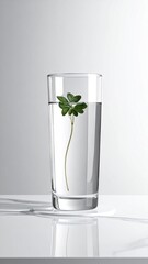 Minimalist Still Life Clear Glass of Water with Green Sprig Against White Background with Subtle Marble Texture Highlighting Purity and Simplicity