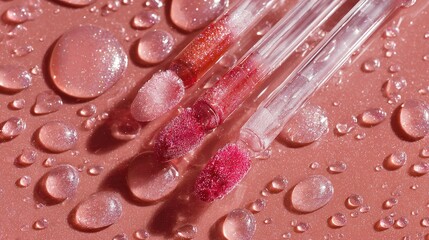 Editorial beauty flat lay of lip gloss applicators with drops of radiant rose pink gloss, shimmering texture and smooth highlights