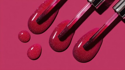 Clean flat lay showcasing lip gloss applicators with bold pink drops, glossy thick textures and reflective sheen for luxury branding
