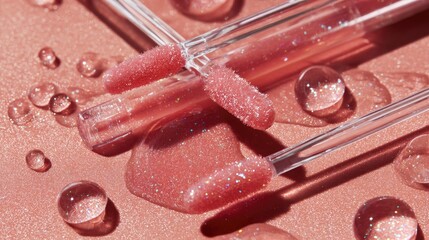 Editorial beauty flat lay of lip gloss applicators with drops of radiant rose pink gloss, shimmering texture and smooth highlights