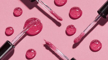Clean flat lay showcasing lip gloss applicators with bold pink drops, glossy thick textures and reflective sheen for luxury branding