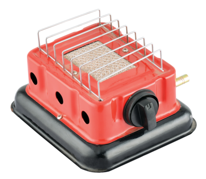 Portable red camping gas stove with metal grill top and control knob, compact outdoor cooking equipment for campers and hikers, convenient travel gadget for preparing meals outdoors concept