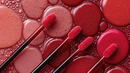 Flat lay close-up of lip gloss applicators arranged diagonally, with shiny textured drops in warm pink and red tones, clean aesthetic