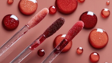 Flat lay close-up of lip gloss applicators arranged diagonally, with shiny textured drops in warm pink and red tones, clean aesthetic