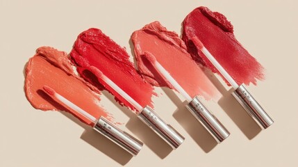 Glossy lip gloss wands arranged flat lay style with thick liquid smears of coral, red, and pink shades, modern cosmetic branding aesthetic