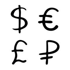 Hand drawn multiple currencies symbol set Dollar euro pound ruble