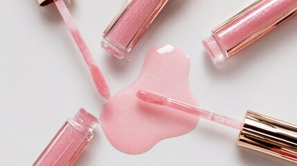 High-end cosmetic flat lay with glossy lip gloss applicators, thick drops glowing on a pristine white background, luxury branding vibe