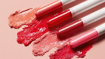 Glossy lip gloss wands arranged flat lay style with thick liquid smears of coral, red, and pink shades, modern cosmetic branding aesthetic
