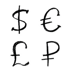 Hand drawn multiple currencies symbol set Dollar euro pound ruble