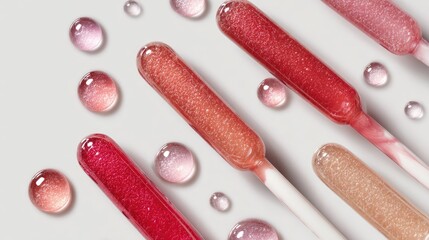 Hyper-realistic textures of lip gloss applicators with glowing liquid drops, reflecting smooth highlights on a minimalist white background