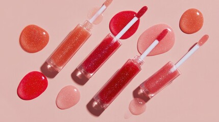 Minimalist beauty flat lay of lip gloss applicators arranged with coral, red, and pink drops, glossy thick texture glistening under soft light