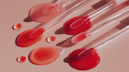 Minimalist beauty flat lay of lip gloss applicators arranged with coral, red, and pink drops, glossy thick texture glistening under soft light