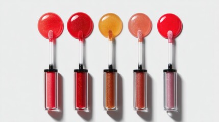 Minimalist modern flat lay with glossy lip gloss applicators, thick vibrant drops reflecting light, hyper-real textures on white
