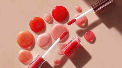Minimalist beauty flat lay of lip gloss applicators arranged with coral, red, and pink drops, glossy thick texture glistening under soft light