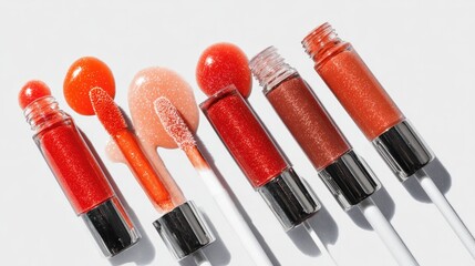 Minimalist modern flat lay with glossy lip gloss applicators, thick vibrant drops reflecting light, hyper-real textures on white
