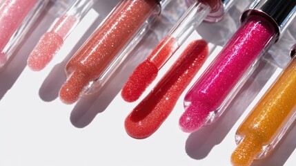 Minimalist modern flat lay with glossy lip gloss applicators, thick vibrant drops reflecting light, hyper-real textures on white