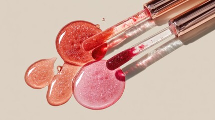 Ultra-detailed cosmetic flat lay of lip gloss wands with coral peach, cherry red, and rose pink liquid drops creating a luxe look