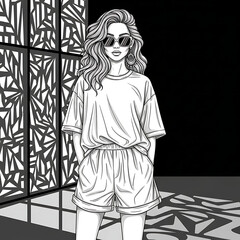 Fototapeta premium Fashionable Woman in Oversized T Shirt and Shorts Posing Against Decorative Screen