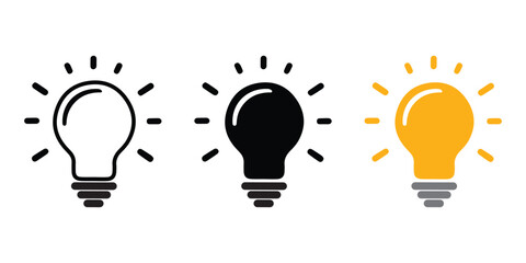A set of light bulb icon on white background. Idea symbol. Electric lamp, light, innovation, solution, creative thinking, electricity. Outline, flat and colored style. Flat design.
