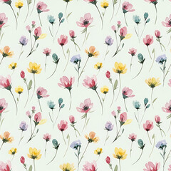 Watercolor floral and leaf pattern of hand-painted wildflowers and sprawling leaves,created for wallpaper and fabric, illuminated with diffused