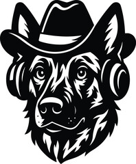 Dutch Shepherd Dog with Headphones and Hat