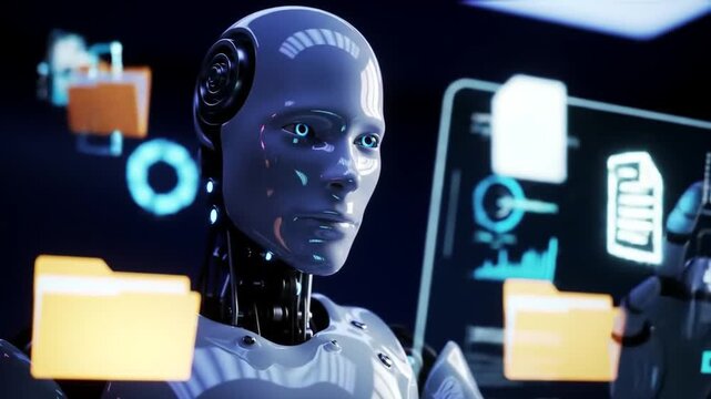 Futuristic robot works at digital desk with holographic files, automation concept